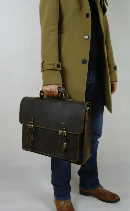 Vintage Crazy Horse Genuine Leather Men Briefcase 15