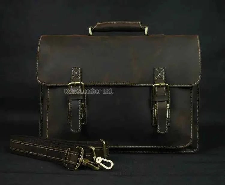 Vintage Crazy Horse Genuine Leather Men Briefcase 15