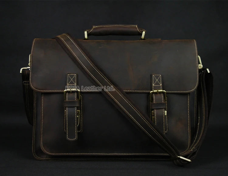 Vintage Crazy Horse Genuine Leather Men Briefcase 15