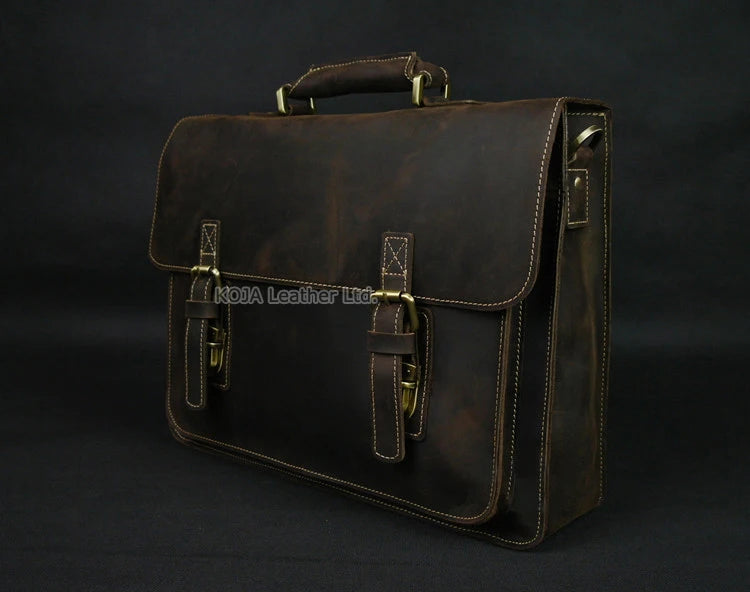 Vintage Crazy Horse Genuine Leather Men Briefcase 15