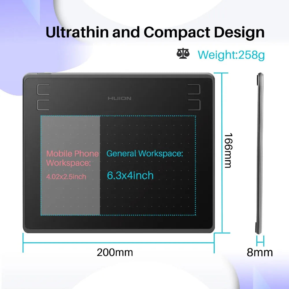 Huion HS64 Graphics Tablet 6x4 Inch Ultrathin Tablet for Beginner Drawing 4 Customized Press Keys, Android Phone Easy Connection