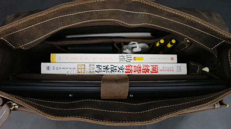 Vintage Crazy Horse Genuine Leather Men Briefcase 15