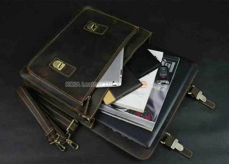 Vintage Crazy Horse Genuine Leather Men Briefcase 15