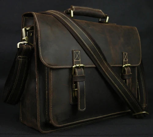 Vintage Crazy Horse Genuine Leather Men Briefcase 15
