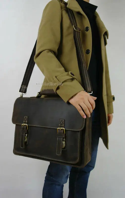 Vintage Crazy Horse Genuine Leather Men Briefcase 15