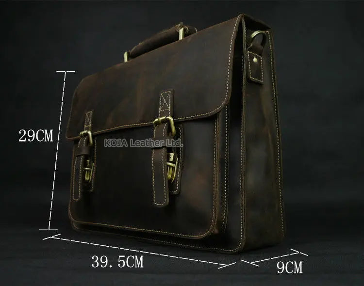 Vintage Crazy Horse Genuine Leather Men Briefcase 15