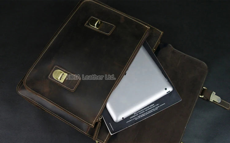 Vintage Crazy Horse Genuine Leather Men Briefcase 15