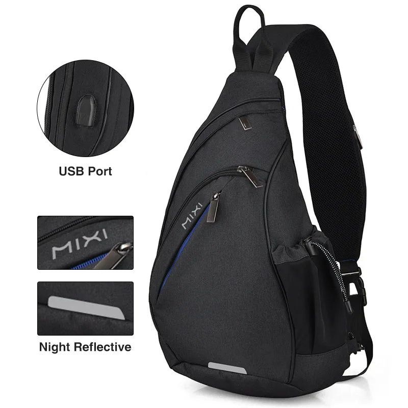 Mixi One Shoulder Backpack Crossbody Sling Bag – USB Charging Sports Travel Bag for Men & Women, Lightweight Cycling & School Backpack