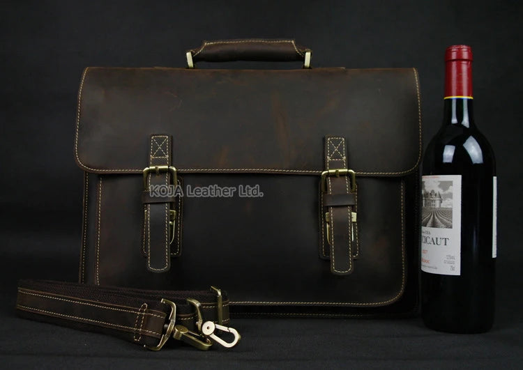 Vintage Crazy Horse Genuine Leather Men Briefcase 15