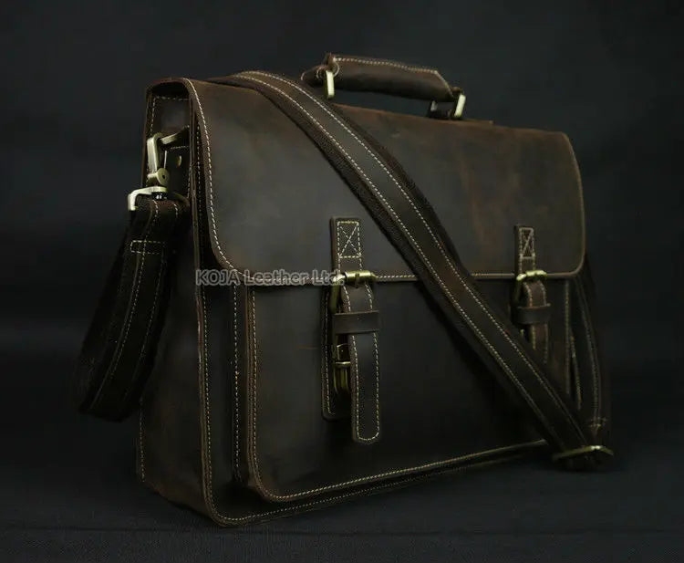 Vintage Crazy Horse Genuine Leather Men Briefcase 15