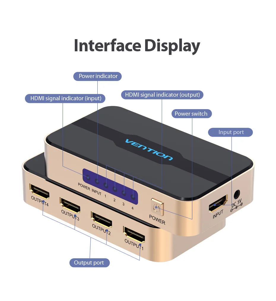 Vention HDMI Splitter 1 In 4 Out HD 4K/30Hz HDMI Switch HDMI 1.4 1x2 1x4 Adapter With Power Supply for Xbox PS4 TV HDMI Switcher
