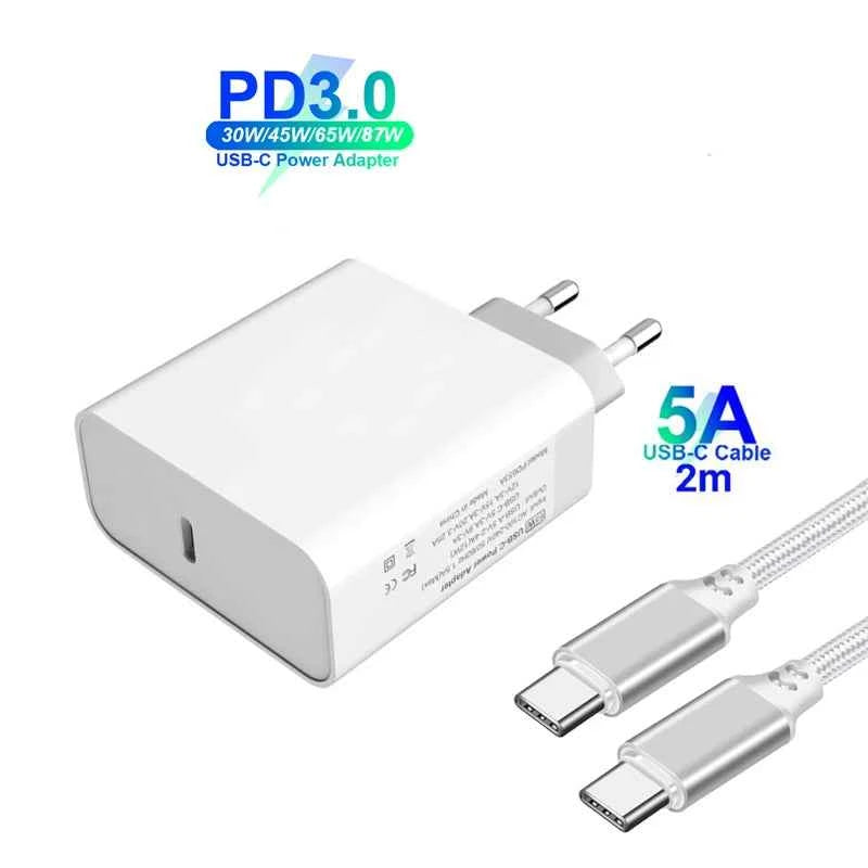 100W/65W/45W PD/QC3.0 USB C Fast Power Adapter 100W Type-C Cable For MacBook/iPad Dell Lenovo Surface Pro USB-C Laptop Tablet