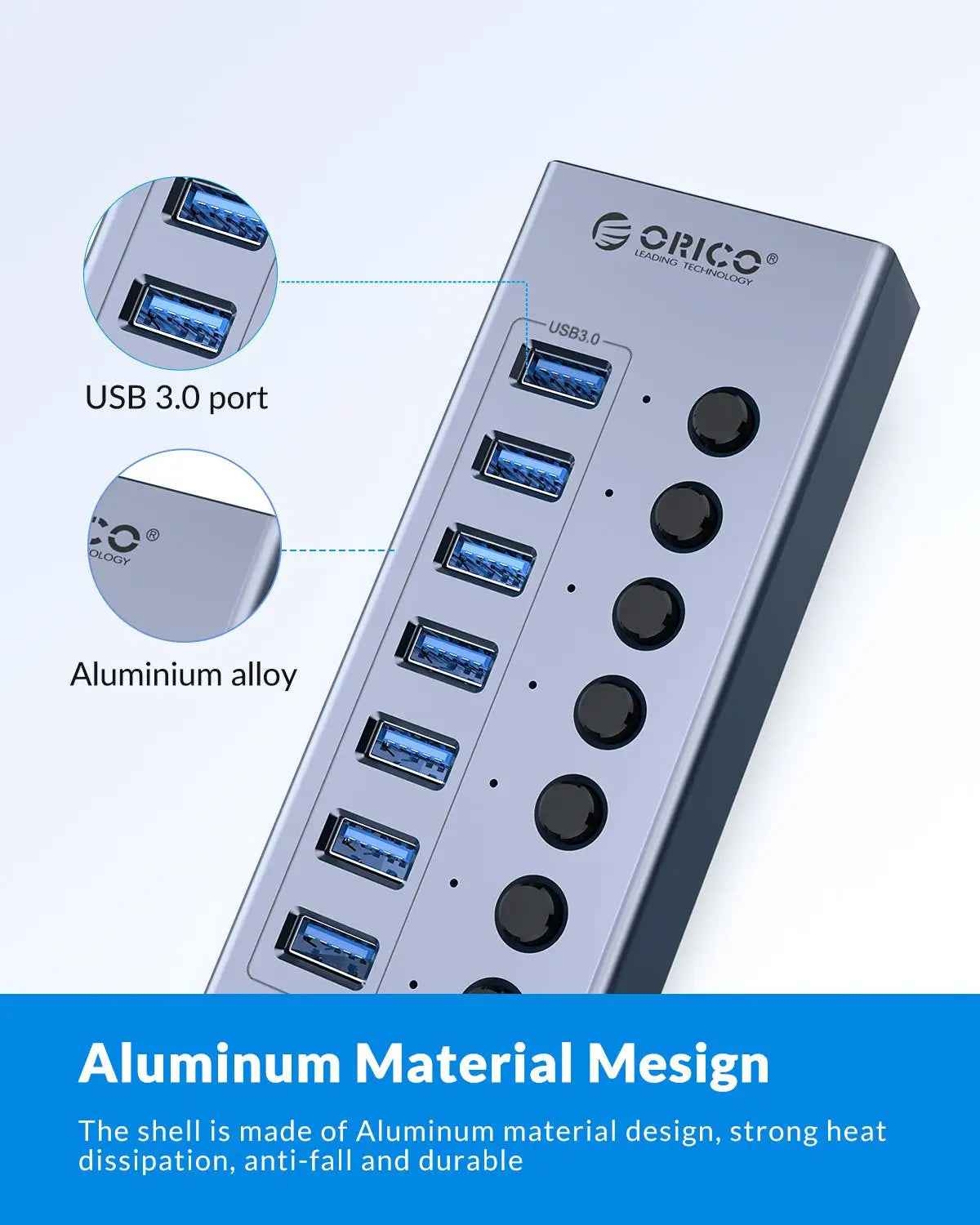 ORICO Powered USB 3.0 HUB 7/10/13/16 Ports USB Extension with On/Off Switches 12V Power Adapter Support BC1.2 Charging Splitter