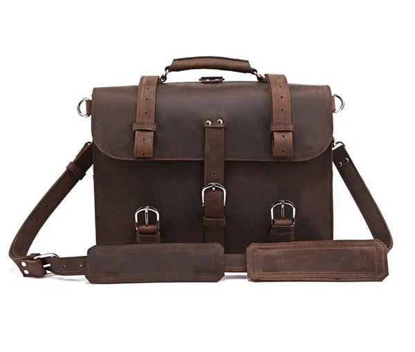 Vintage Crazy Horse Genuine Leather Men Briefcase Business Bag Large Leather Briefcase Male 15.6