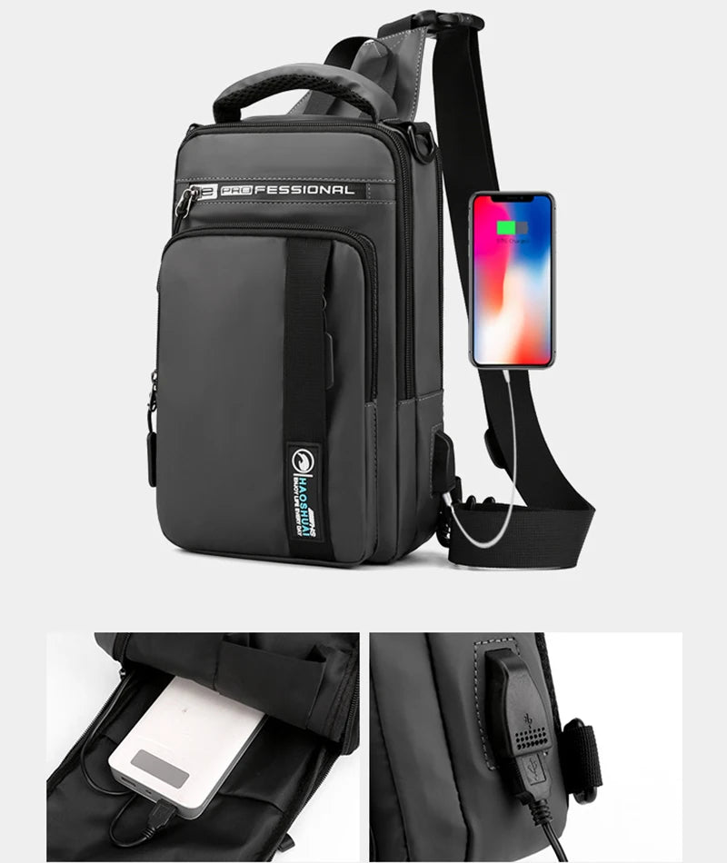 Men Small Backpack Chest Pack Shoulder Bag with USB Charging Port Travel Male Waterproof Nylon Sling Messenger Cross body Bags