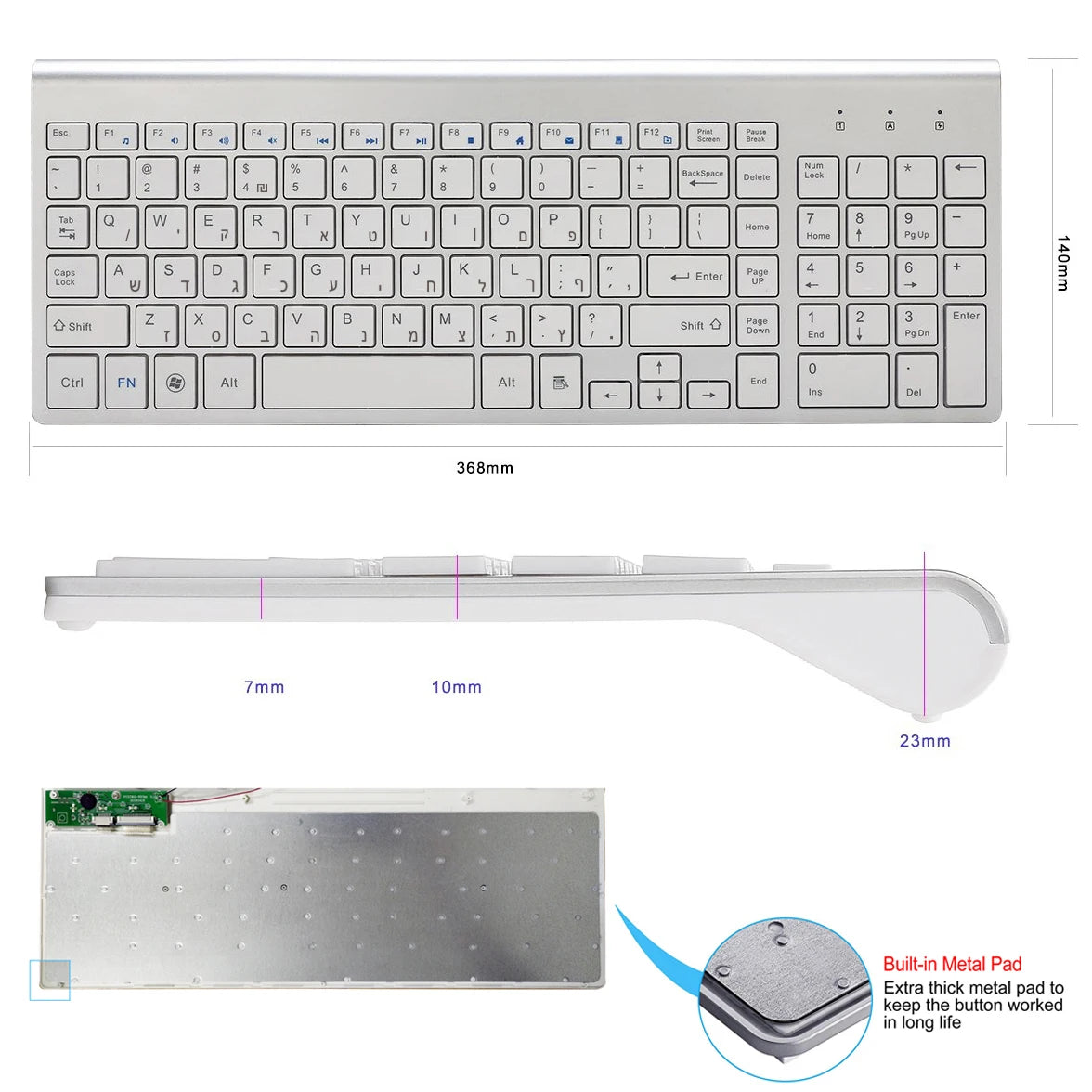 2.4G Hebrew Character Low Noise 101 Keys Wireless Keyboard Mouse Combo Slim Mice Compact Israel Wireless Keyboard for Desktop