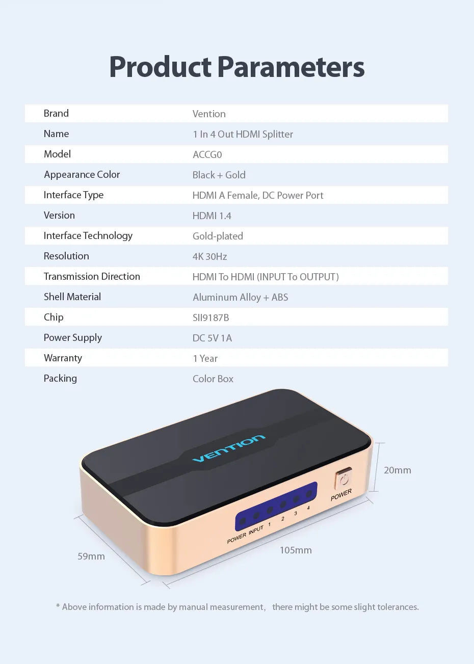 Vention HDMI Splitter 1 In 4 Out HD 4K/30Hz HDMI Switch HDMI 1.4 1x2 1x4 Adapter With Power Supply for Xbox PS4 TV HDMI Switcher