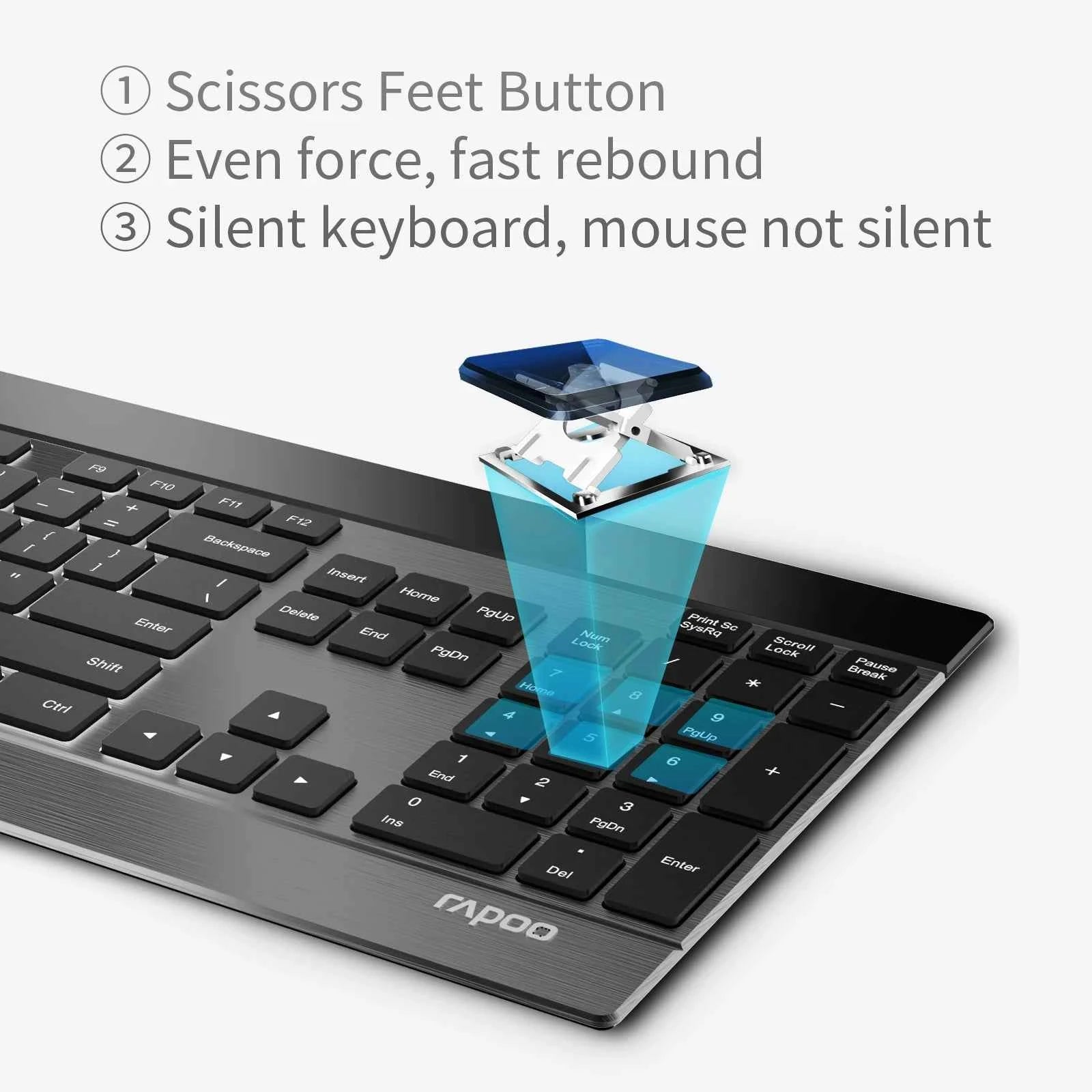 Rapoo Multi-mode Wireless Keyboard and Mouse Combo  Extremely Thin Metal Keyboard Rechargeable Mouse Easy-Connect Up to 4 Device