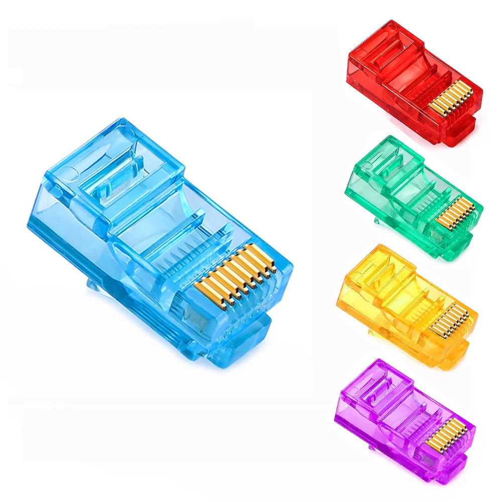 OULLX 6U RJ45 Ethernet Plug Gold Plated Cat5e Jack UTP Module Plug Network Connector RJ-45 Crystal Heads Cat5 Multicolor Cable