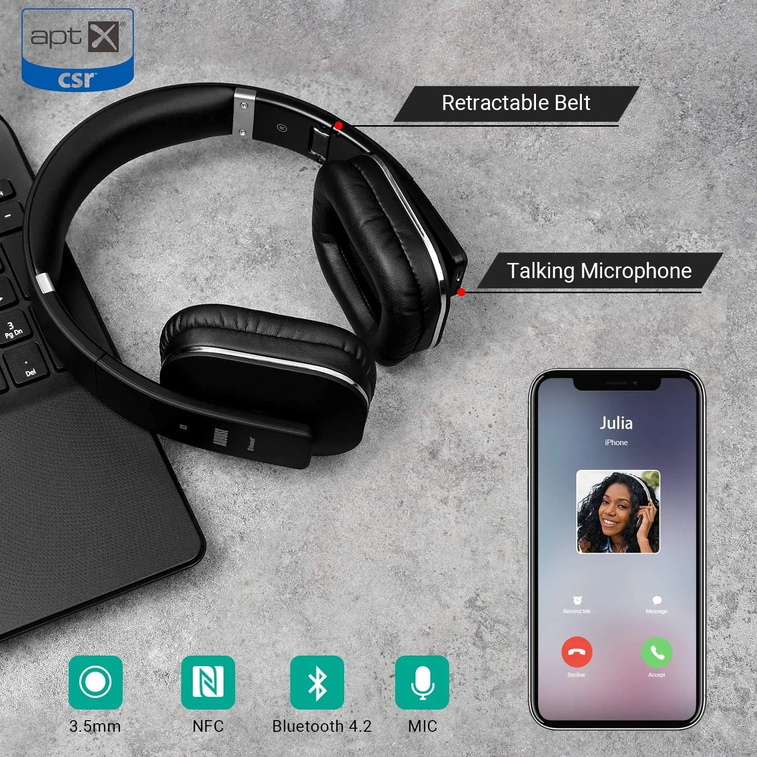 August EP650 Bluetooth Wireless Headphones with Mic/Multipoint/NFC Over Ear Bluetooth 4.2 Stereo Music aptX Headset for TV,Phone