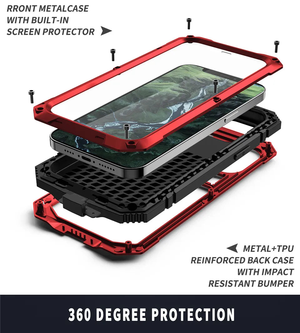 for iPhone 14 13 12 Pro Max Mini 11 Pro Max Case Full-Body Rugged Armor Shockproof Protective Kickstand Aluminum Metal Cover