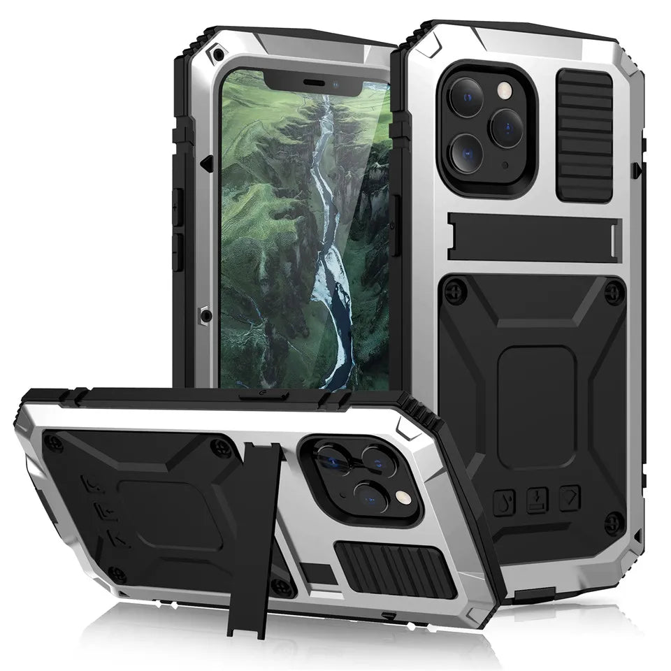 for iPhone 14 13 12 Pro Max Mini 11 Pro Max Case Full-Body Rugged Armor Shockproof Protective Kickstand Aluminum Metal Cover