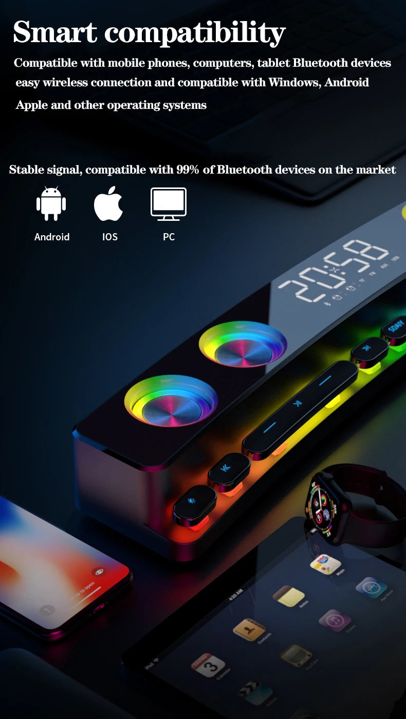 Computer Audio Desktop Notebook Long Multimedia Gaming Bluetooth Speaker Game Subwoofer 7 Color LED Lights/FM