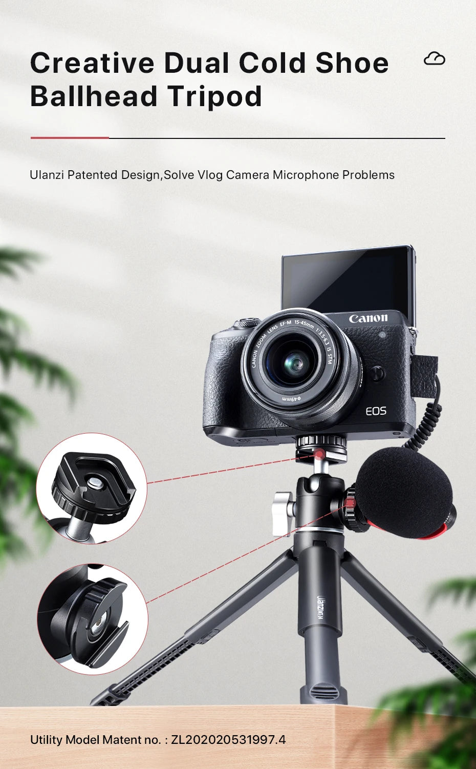 Ulanzi Mini Vlog Tripod Dual Cold Shoe Ballhead for Microphone LED Light Extend Smartphone Tripod for Sony A6400 Photography kit