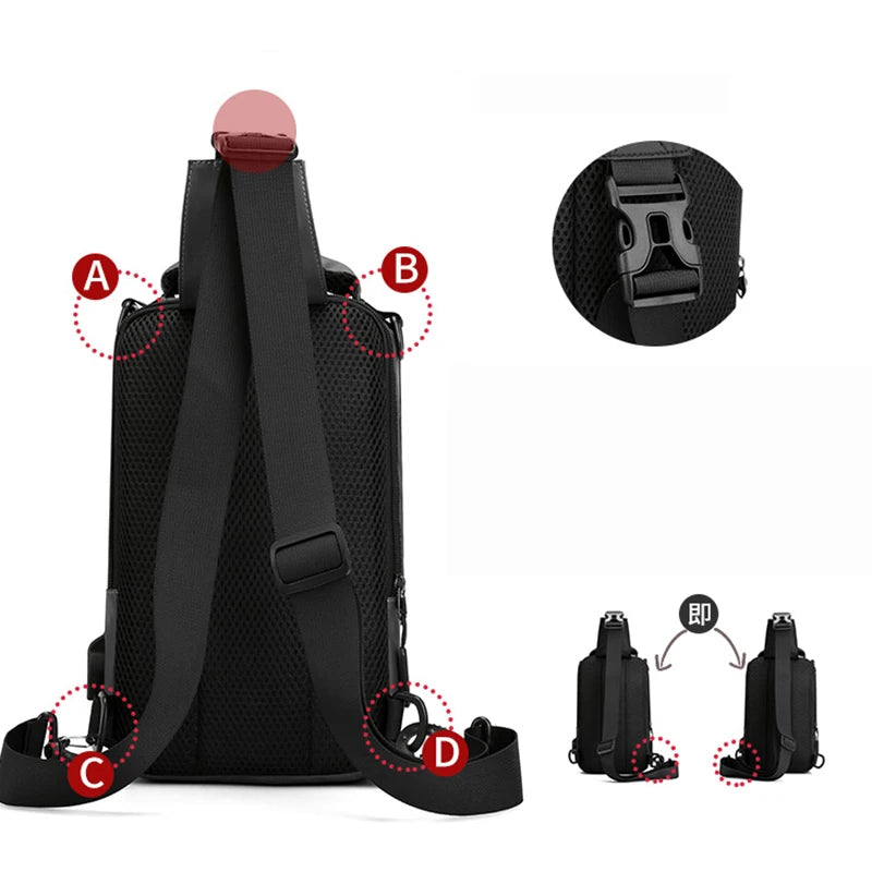 Men Small Backpack Chest Pack Shoulder Bag with USB Charging Port Travel Male Waterproof Nylon Sling Messenger Cross body Bags