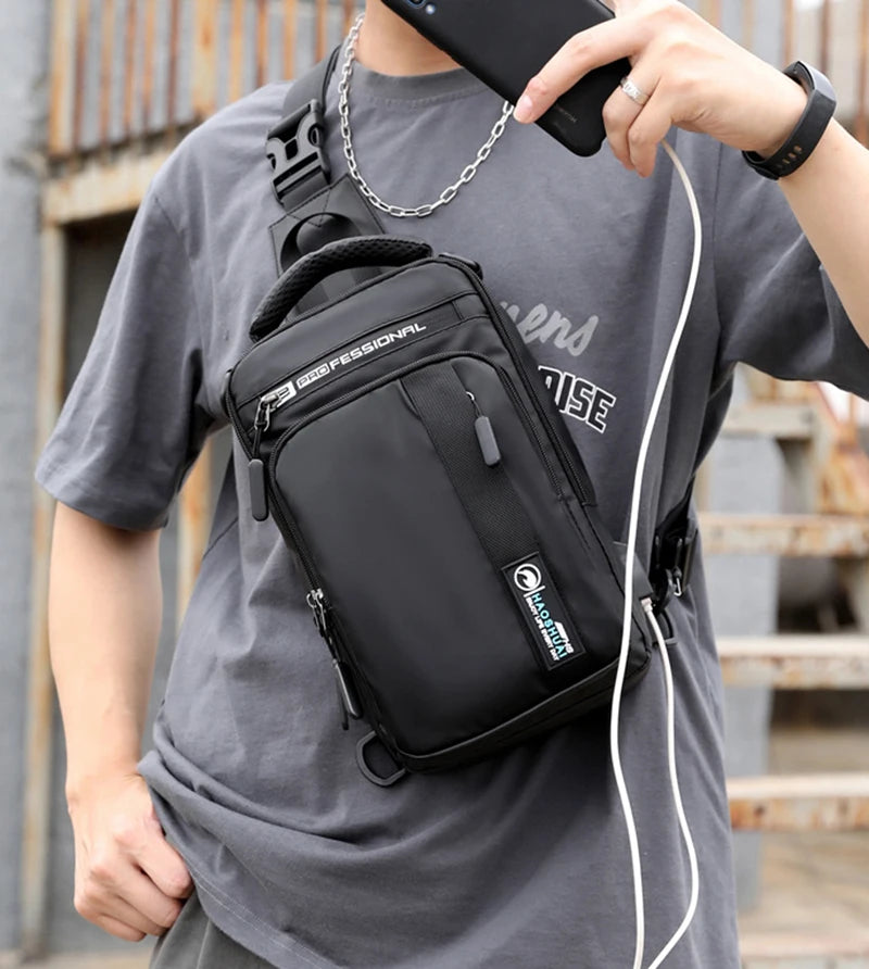 Men Small Backpack Chest Pack Shoulder Bag with USB Charging Port Travel Male Waterproof Nylon Sling Messenger Cross body Bags