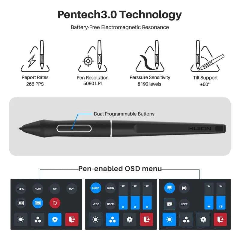13.3 Inch HUION Graphics Tablet Kamvas Pro 13 2.5K Screen Display 145% SRGB Drawing Pen Tablet Monitor with Adjustable Stand