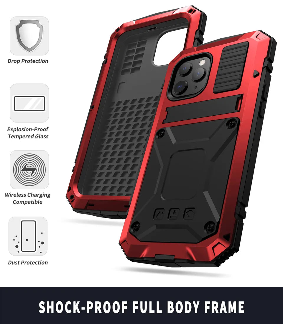for iPhone 14 13 12 Pro Max Mini 11 Pro Max Case Full-Body Rugged Armor Shockproof Protective Kickstand Aluminum Metal Cover
