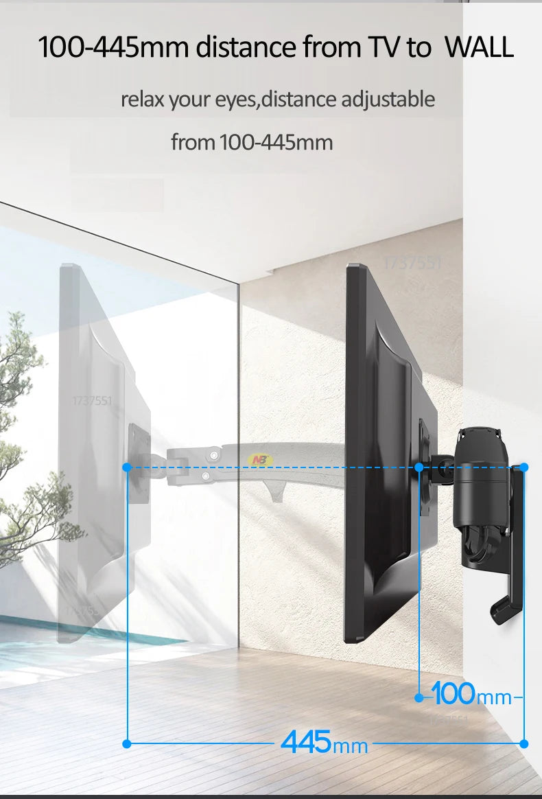 NB F150 Aluminum Gas Spring 3-12kg 100x100 75x75 17'-35' TV Monitor Wall Mount Screen Air Press Wall Bracket Holder Tilt Swivel