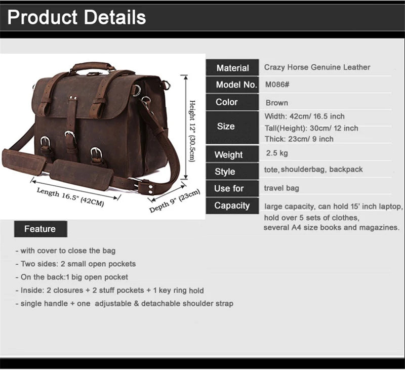 Vintage Crazy Horse Genuine Leather Men Briefcase Business Bag Large Leather Briefcase Male 15.6