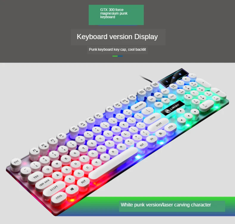 GTX300 Typewriter Keyboard and Mouse Set Punk Retro Keyboard Backlit Game USB Wired Keyboard and Mouse Set for PC Desktops