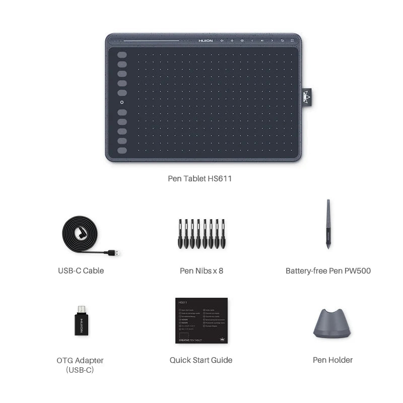 HUION HS611 Drawing Tablet Battery-free Graphic Tablet Three Colors Tilt Support Touch Bar and Express Keys