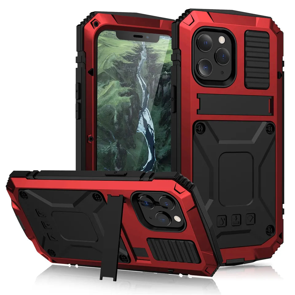 for iPhone 14 13 12 Pro Max Mini 11 Pro Max Case Full-Body Rugged Armor Shockproof Protective Kickstand Aluminum Metal Cover