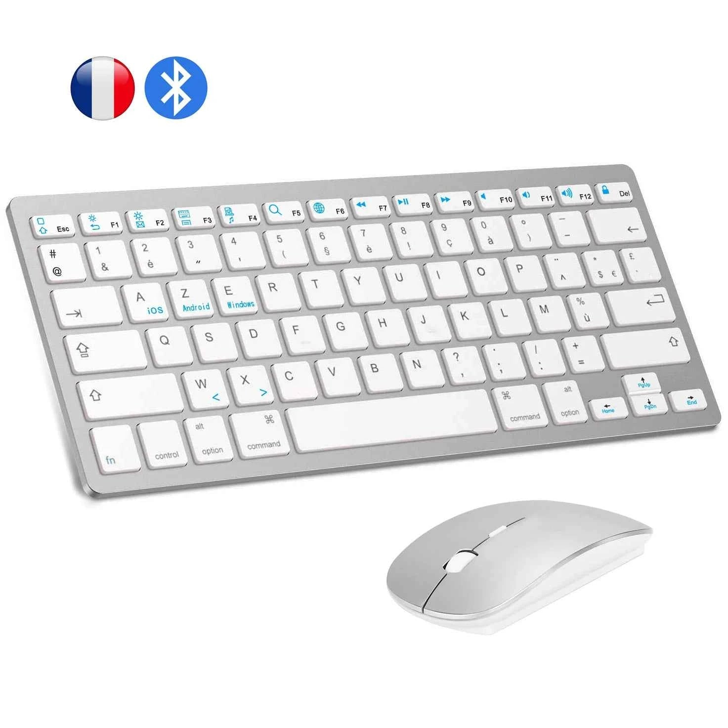 French Bluetooth Keyboard Mouse Combo AZERTY Wireless Bluetooth Mice Ultra Slim Mute for Mac iPad iPhone iOS Android Windows