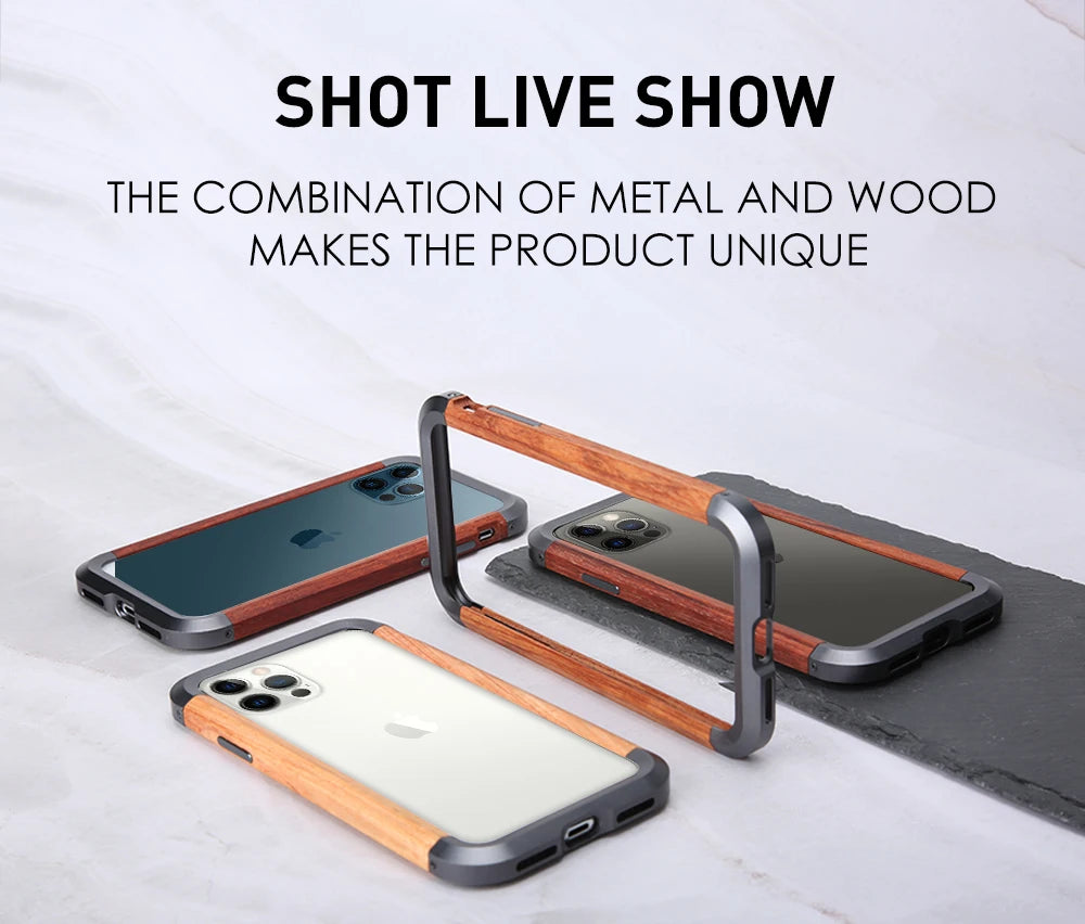 High Quality Natural Wood Phone Case for iPhone 14 13 12 11 Pro Max Mini XR XS Max X 7 8 SE Aluminum Metal+Wood Bumper Cover