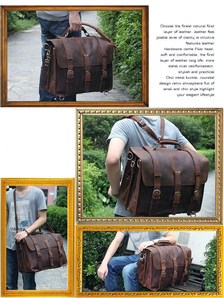 Vintage Crazy Horse Genuine Leather Men Briefcase Business Bag Large Leather Briefcase Male 15.6