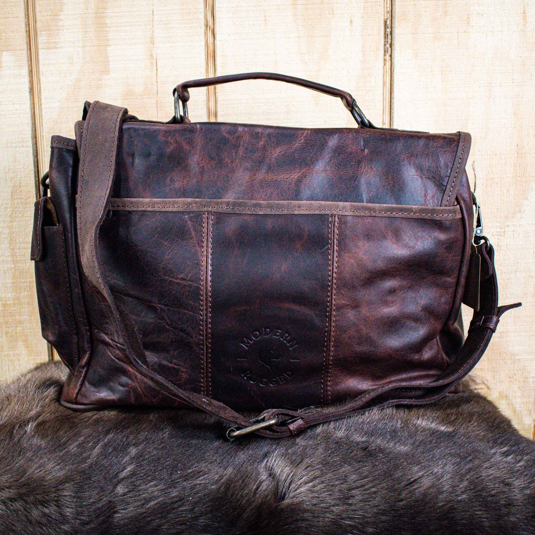 Leather Hide Laptop Bag - Rustic Mahogany and Brown (Clasps)