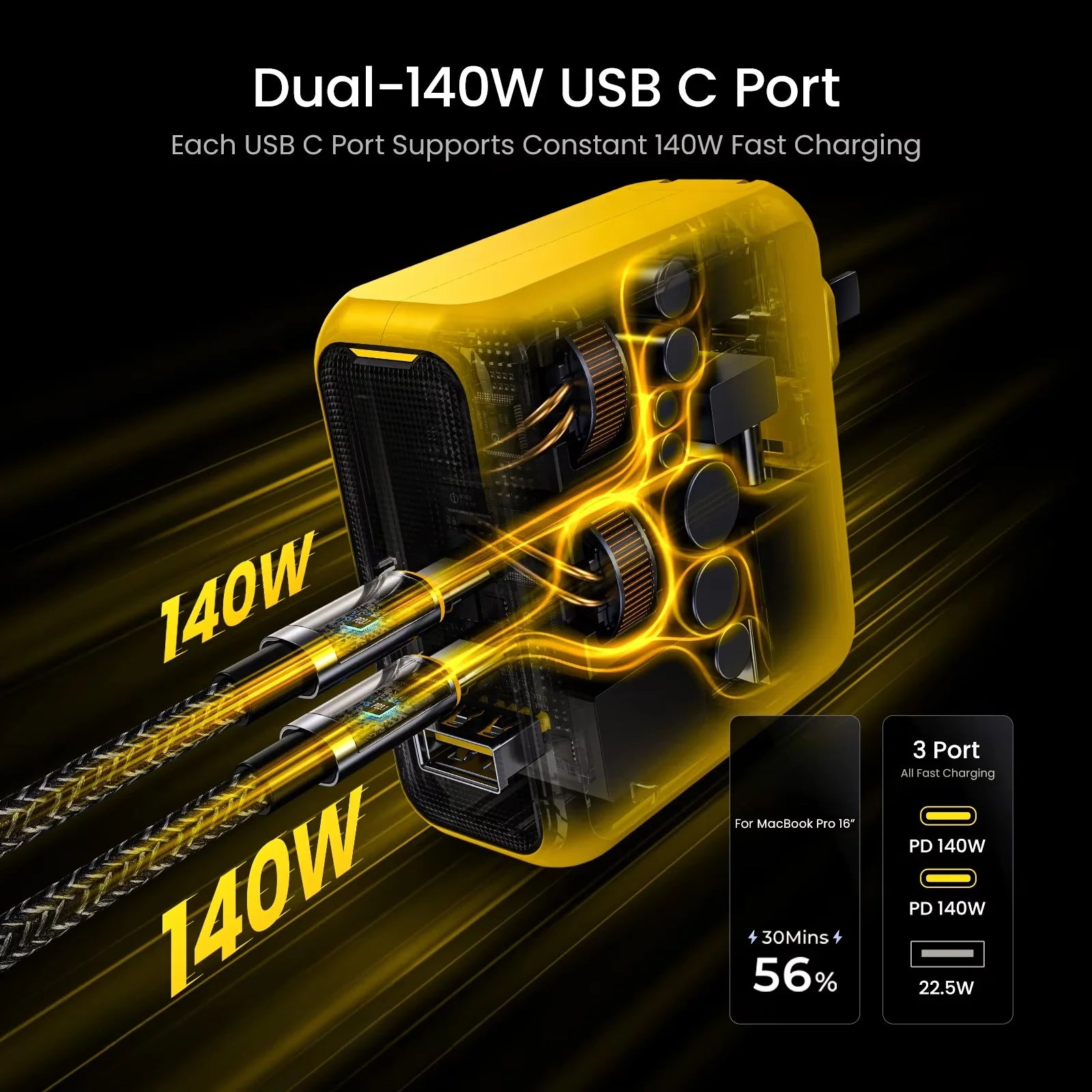 AOHI Magcube Pro 140W GaN phone charger PD3.1 3-Port USB C Charger For Macbook Pro Laptop Fast Charger For iPhone
