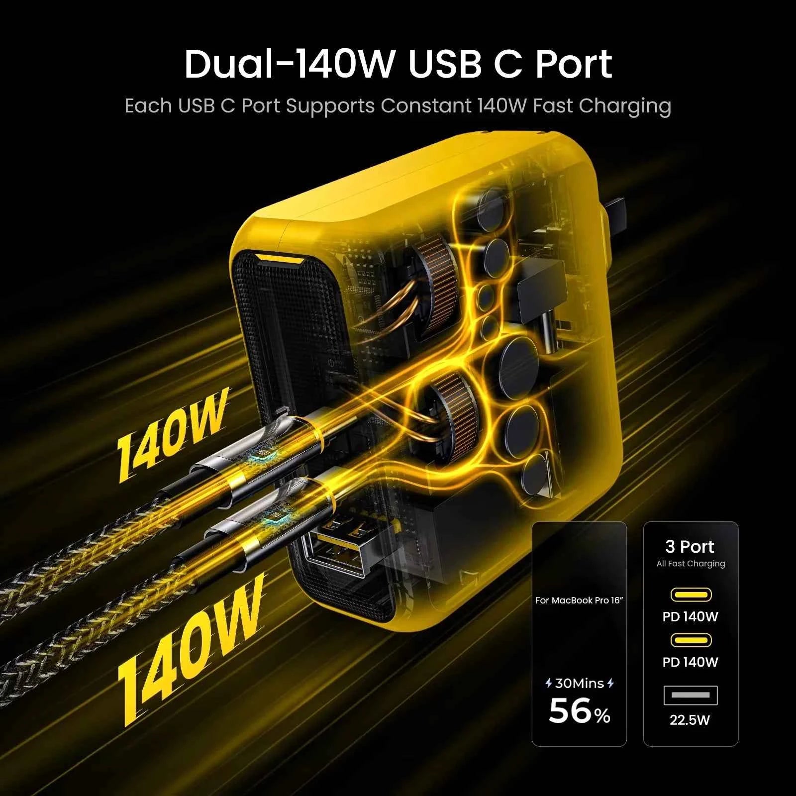 AOHI Magcube Pro 140W GaN phone charger PD3.1 3-Port USB C Charger For Macbook Pro Laptop Fast Charger For iPhone