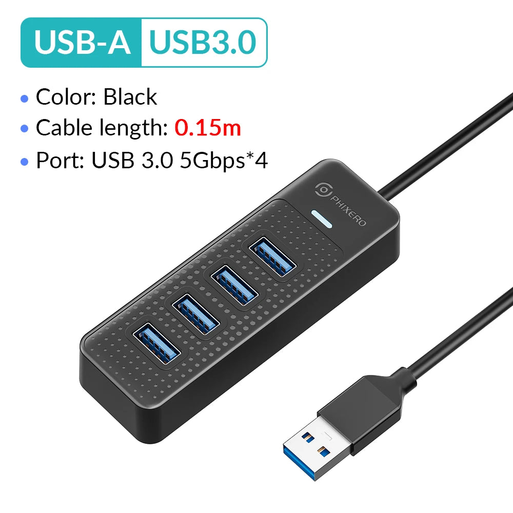 PHIXERO 4 Ports USB 3.0 HUB High Speed Type C Splitter 5Gbps For PC Computer Accessories Multiport USB Hub Adapter for Laptop