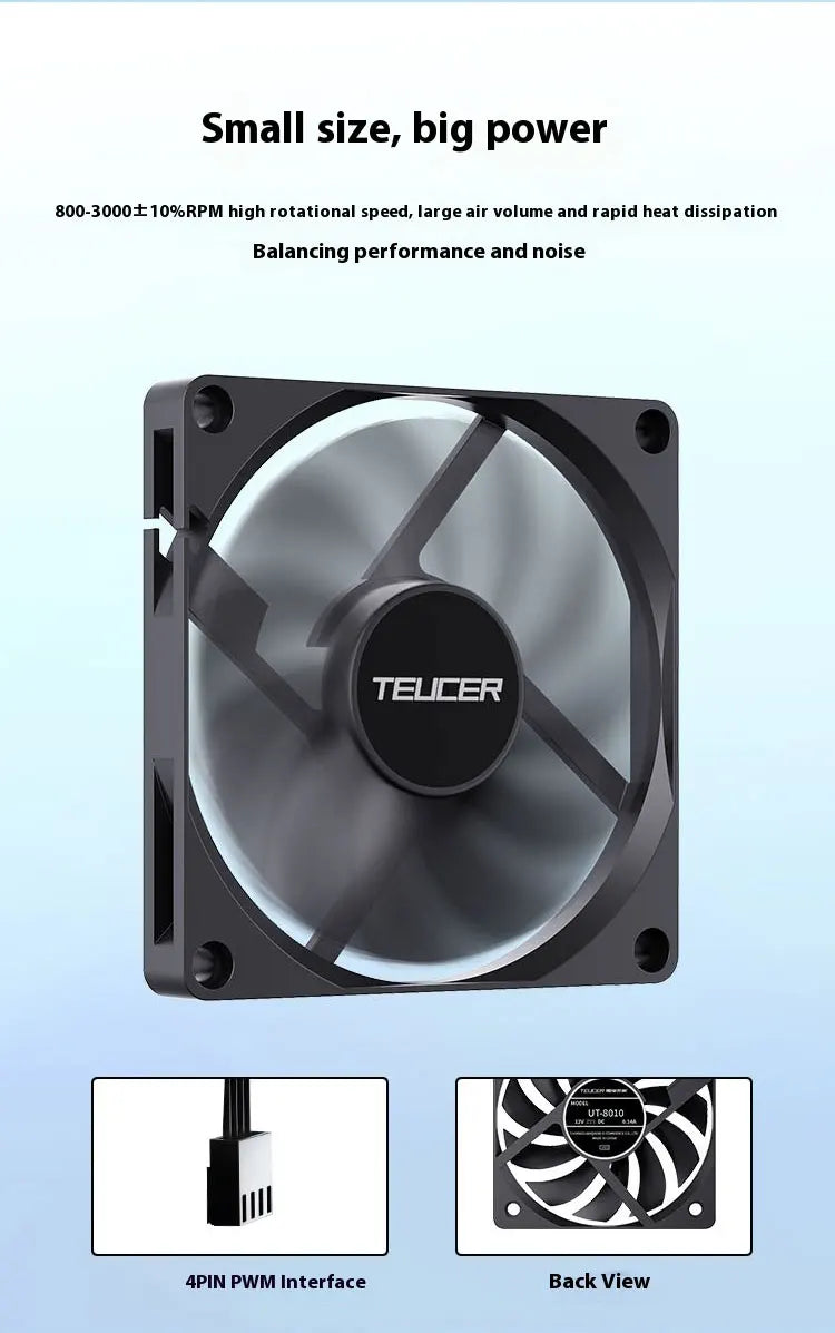 TEUCER UT-8010 Slim 80MM PC Case Fan 800-3000RPM Intelligent Temperature Control 8CM Thickness 10mm Black Cooling Fan