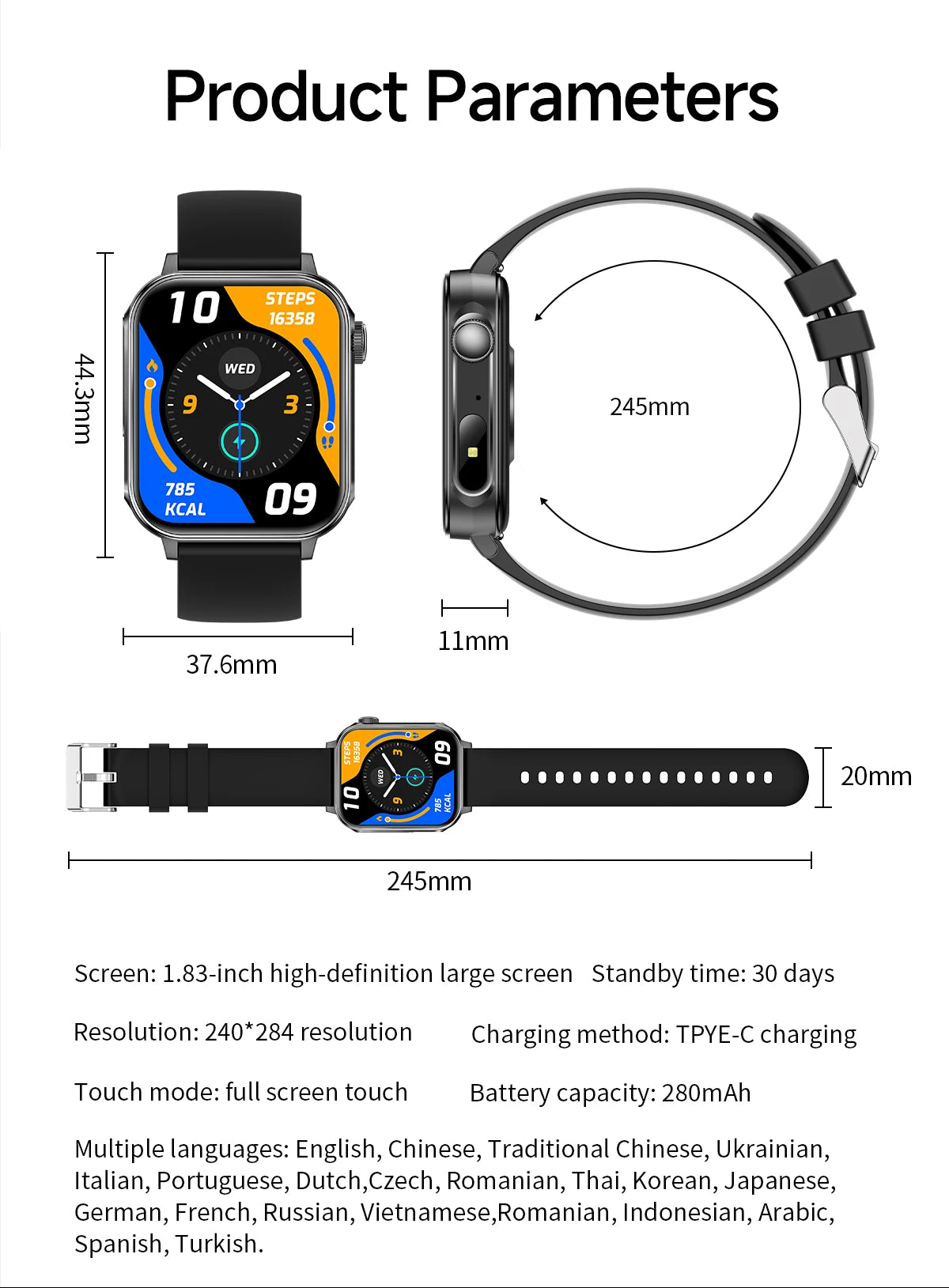 2025 New Smart Watch Men Women Type-C Charging Heart Rate LED Flashlight Bluetooth Call IP68 Waterproof SmartWatch for Android