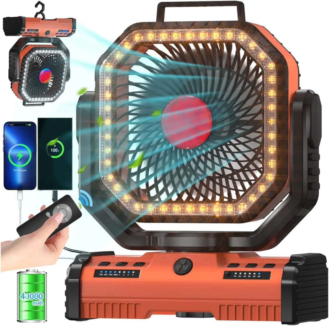 Gobortone 12 Inch 40000Mah Ventilador Recargable Camping Battery Operated Powered Fan with LED Lantern Light Cordless USB Desk