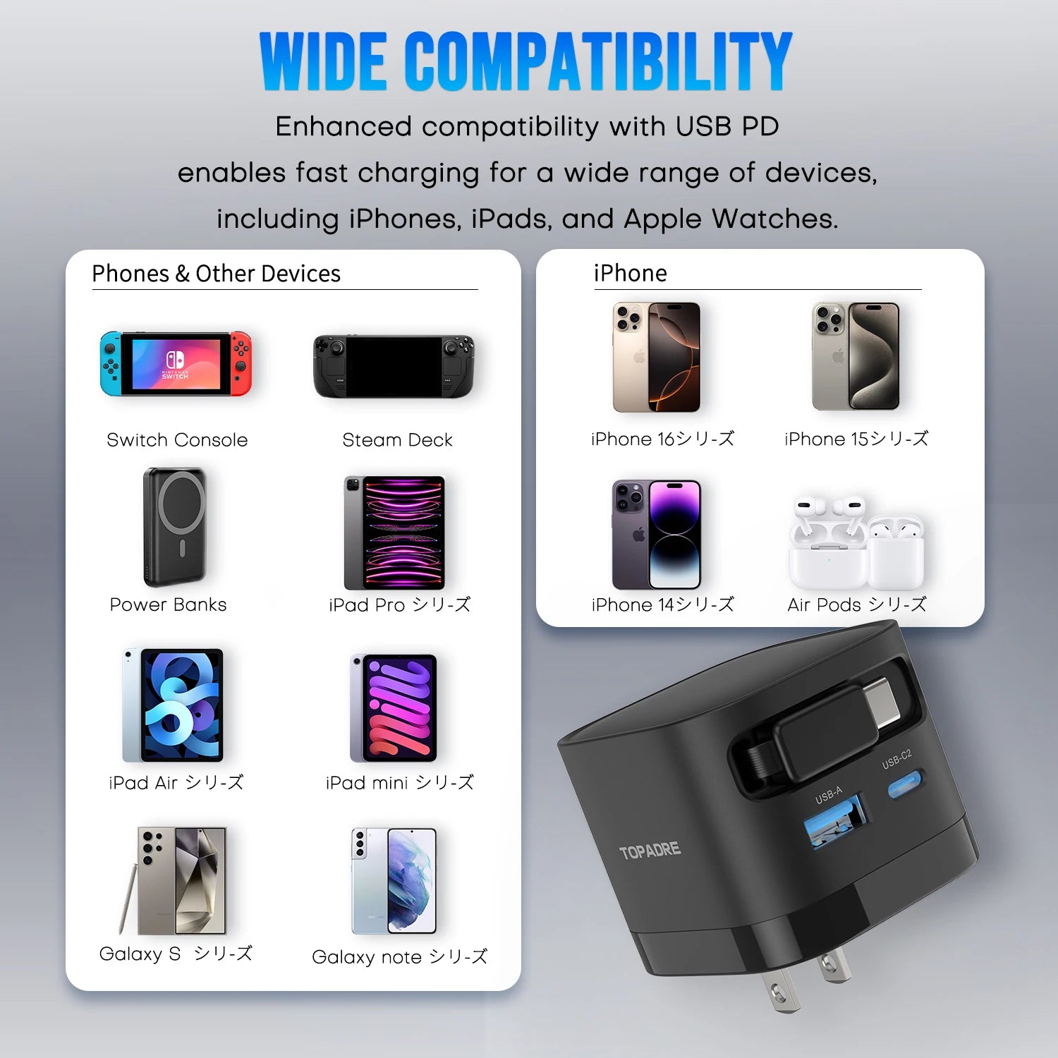 35W GaN Fast Charger with Retractable Cable, Foldable Plug, Quick Charging Block, for iPhone , Samsung , iPad, Android Phones