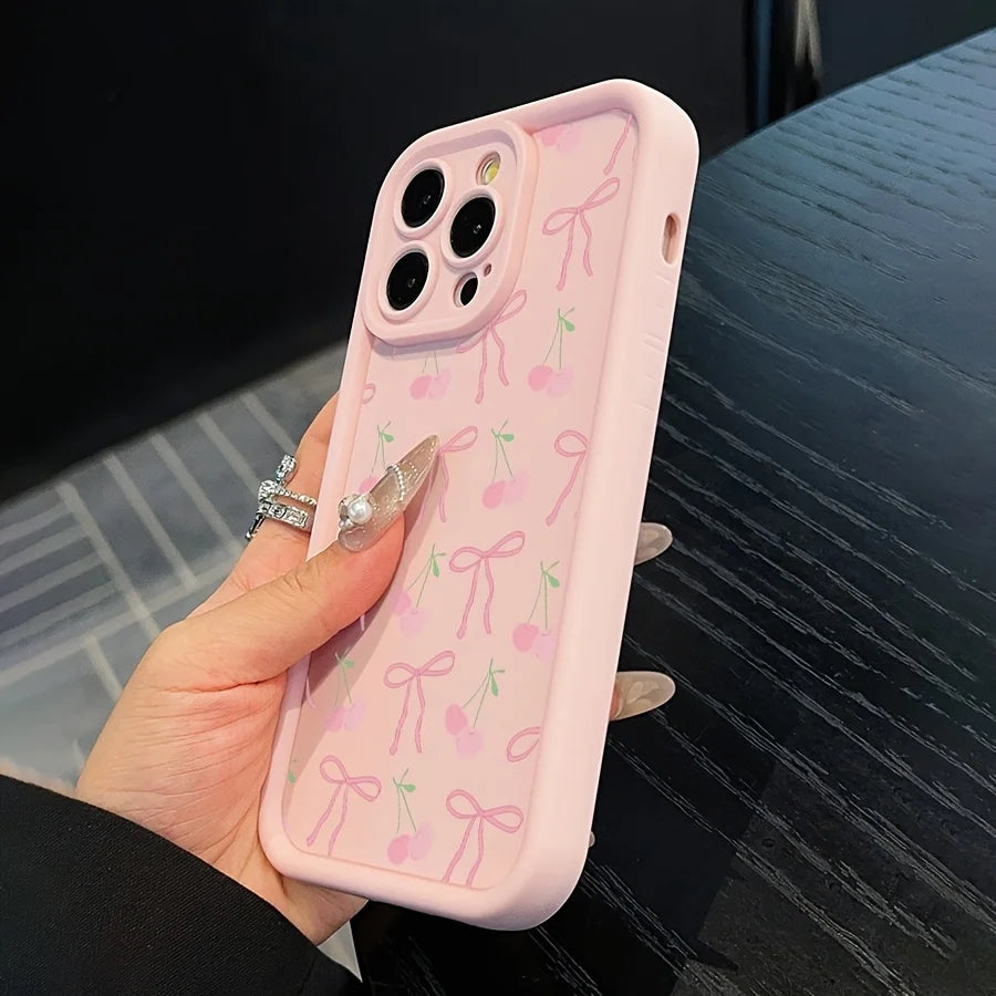 Cute pink phone case with a glittery bow pattern for iPhone 15 Pro Max, iPhone 16/14/13 Pro/12
