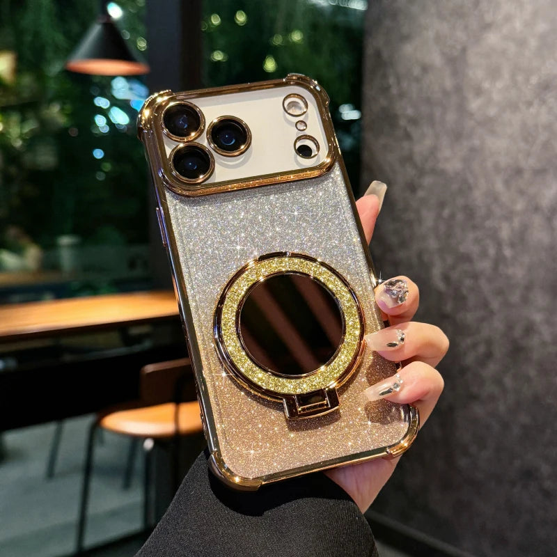 Plating Four Corner Shockproof Gradient Glitter TPU Makeup Mirror Holder Phone Case For iPhone 17 Pro Max/17/17 Pro Bumper Cover